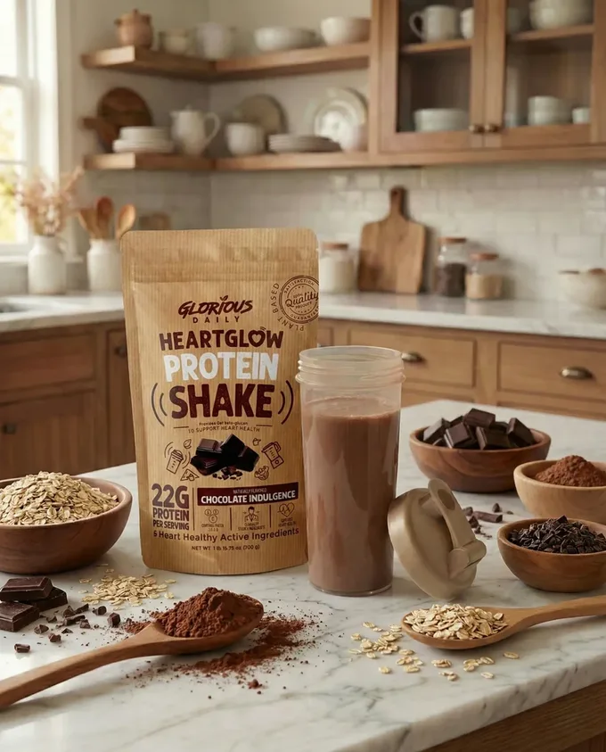 Glorious Daily HeartGlow protein shake in kitchen setting