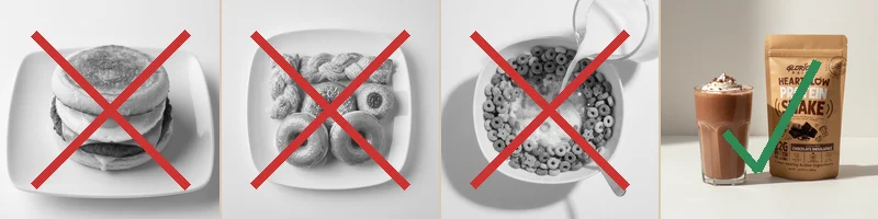 Unhealthy breakfasts crossed out vs HeartGlow shake