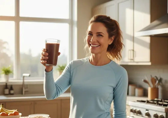 Vibrant woman enjoying her morning HeartGlow shake