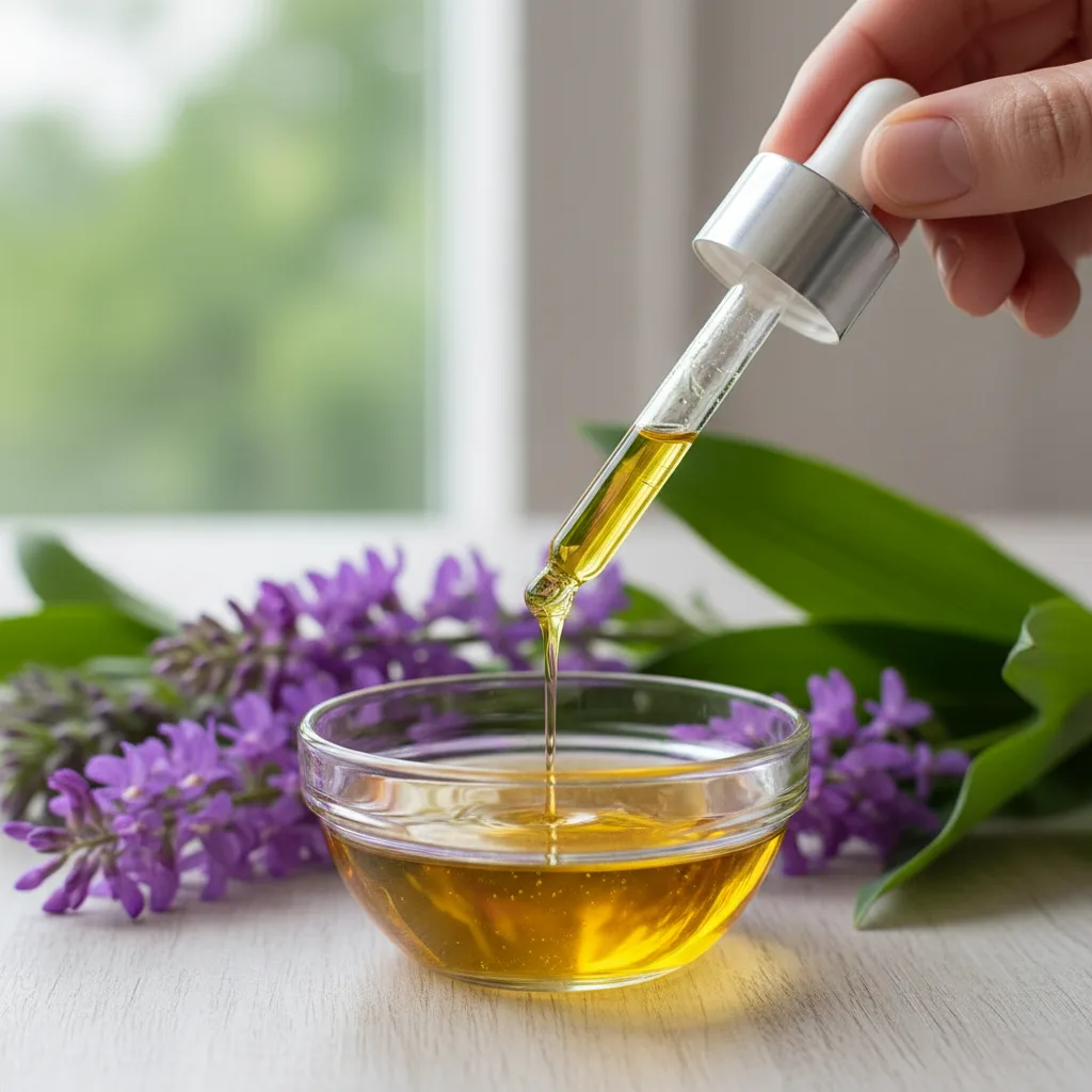 Golden omega oil with purple flowers