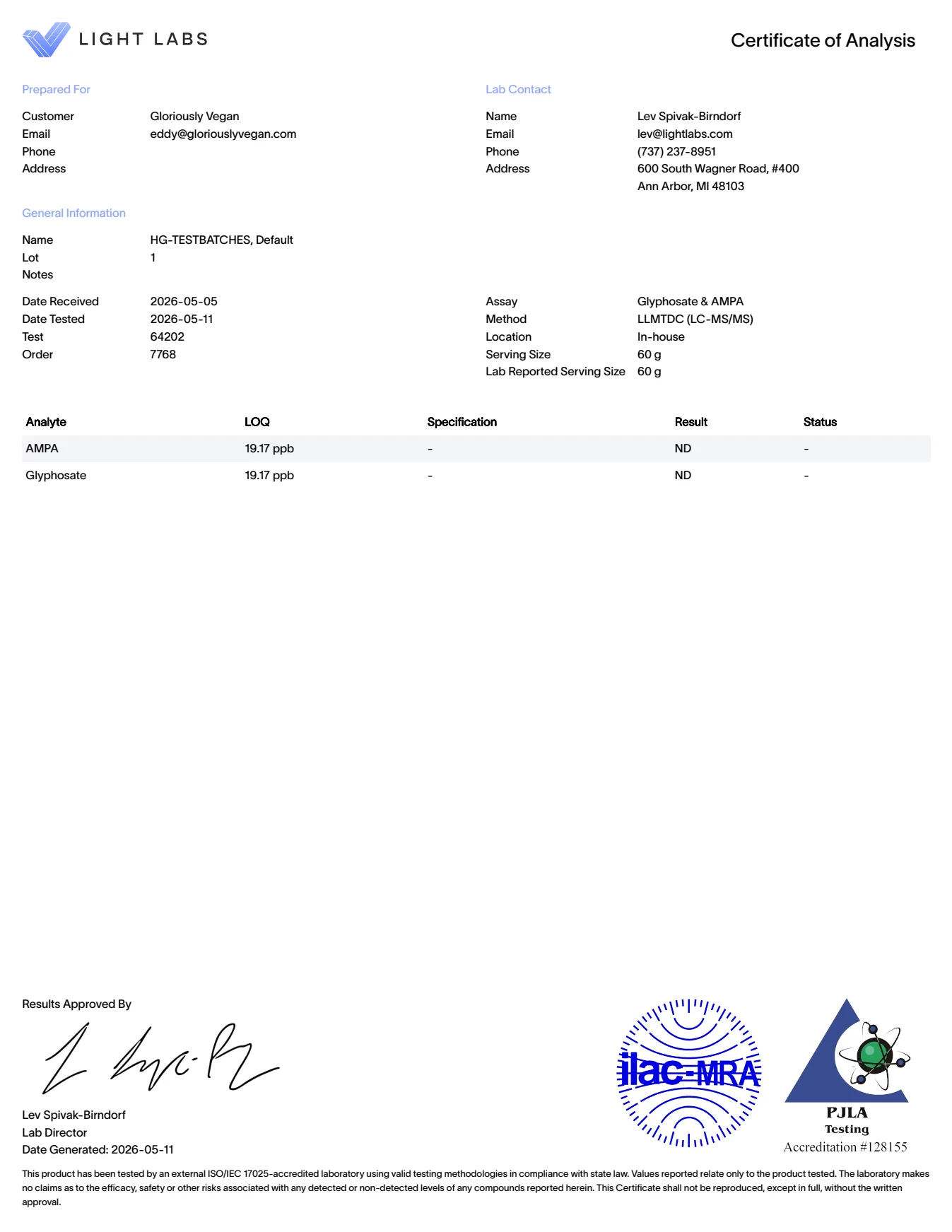 HeartGlow Pesticides certificate of analysis