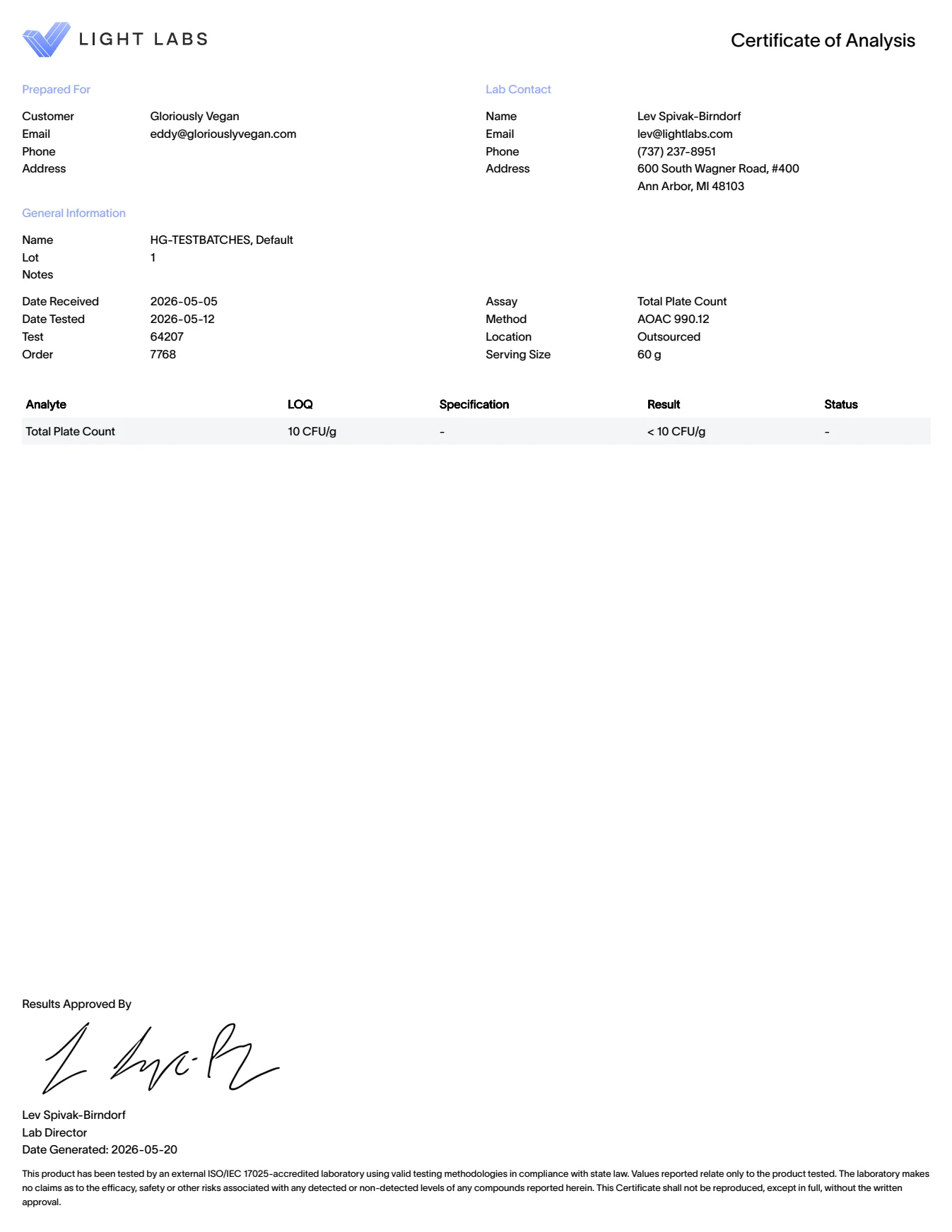 HeartGlow Microbials certificate of analysis
