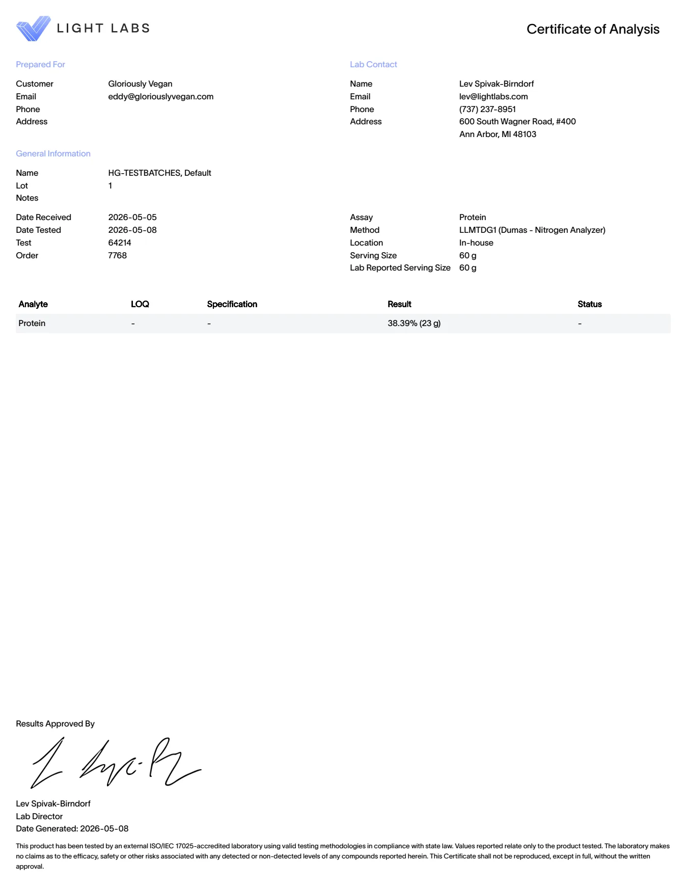HeartGlow Protein certificate of analysis