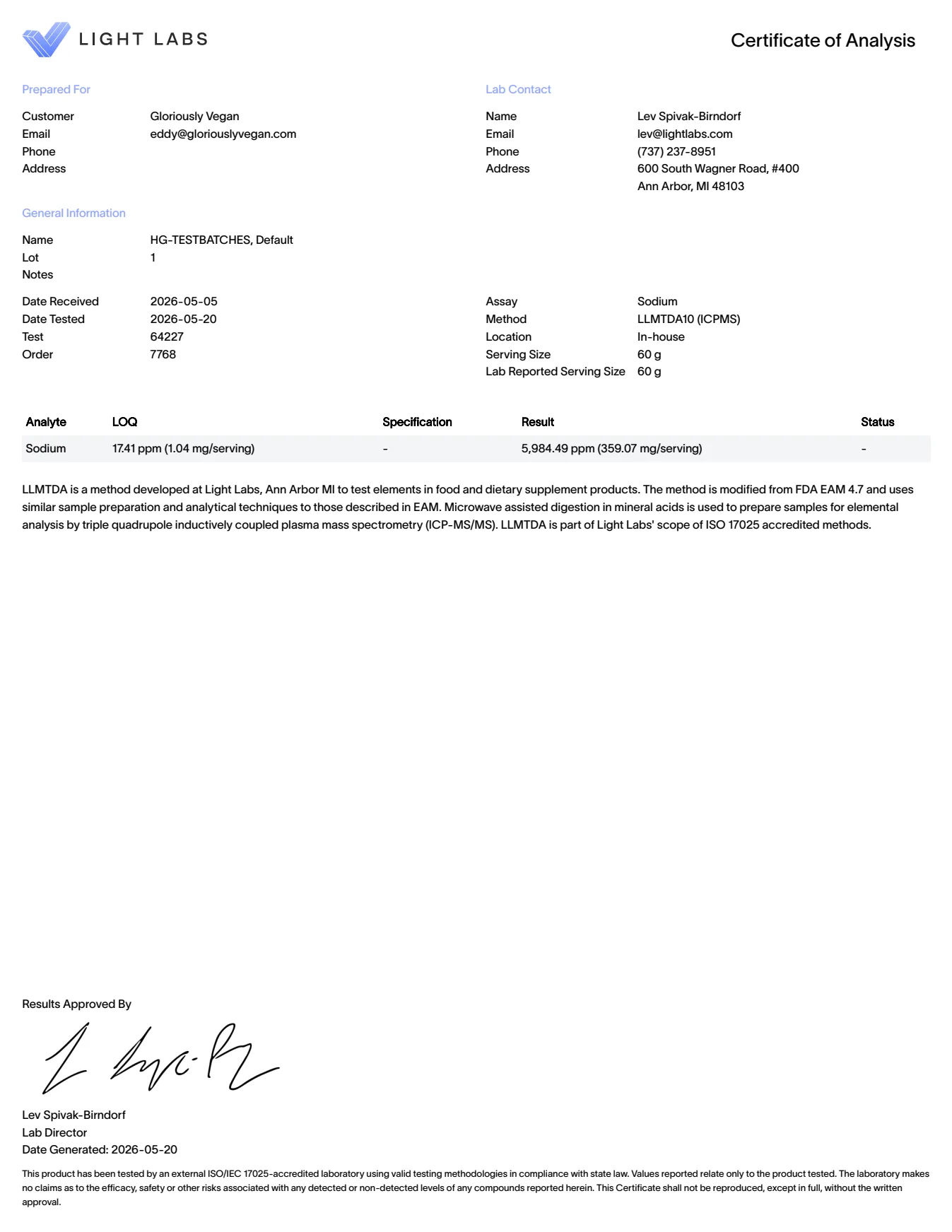 HeartGlow Sodium certificate of analysis