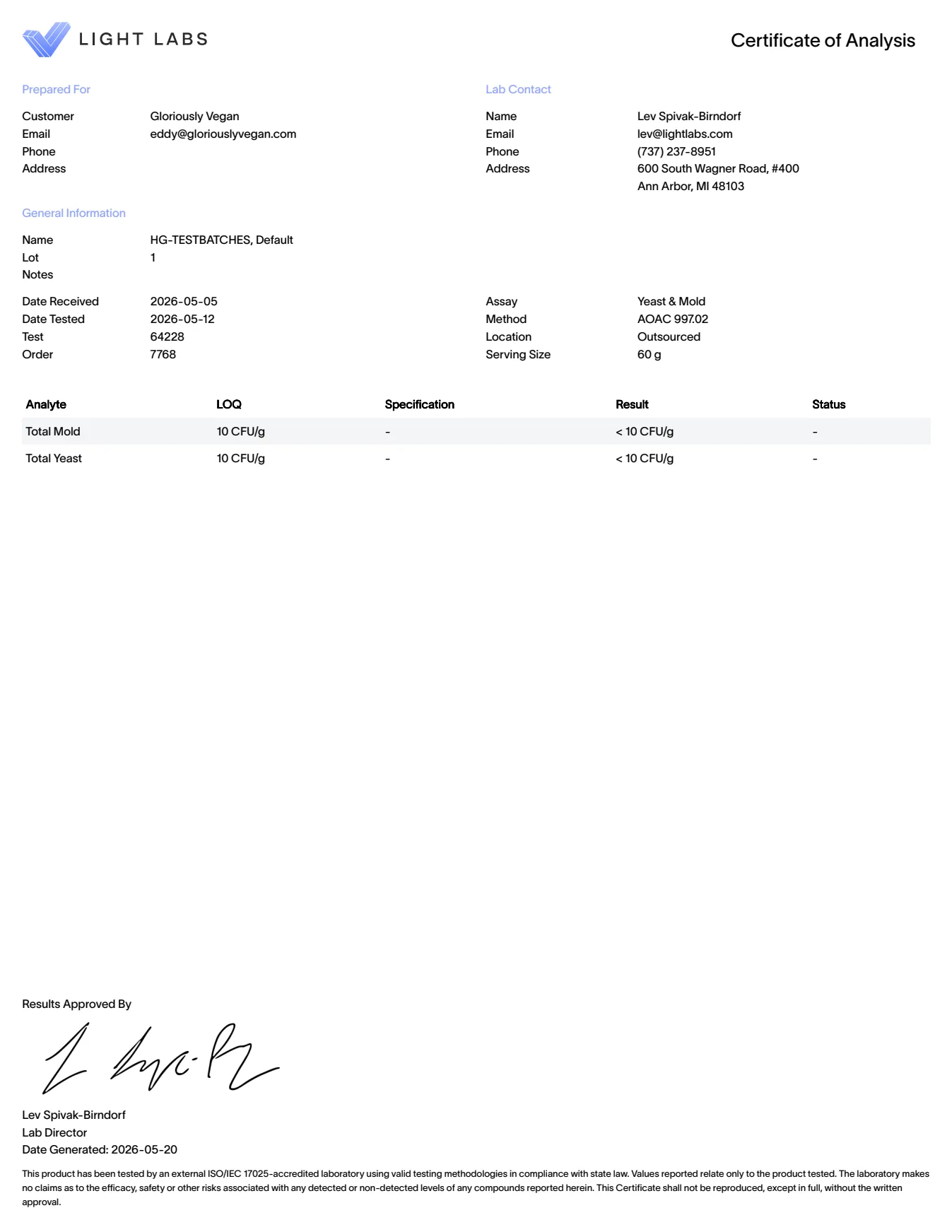 HeartGlow Microbials certificate of analysis