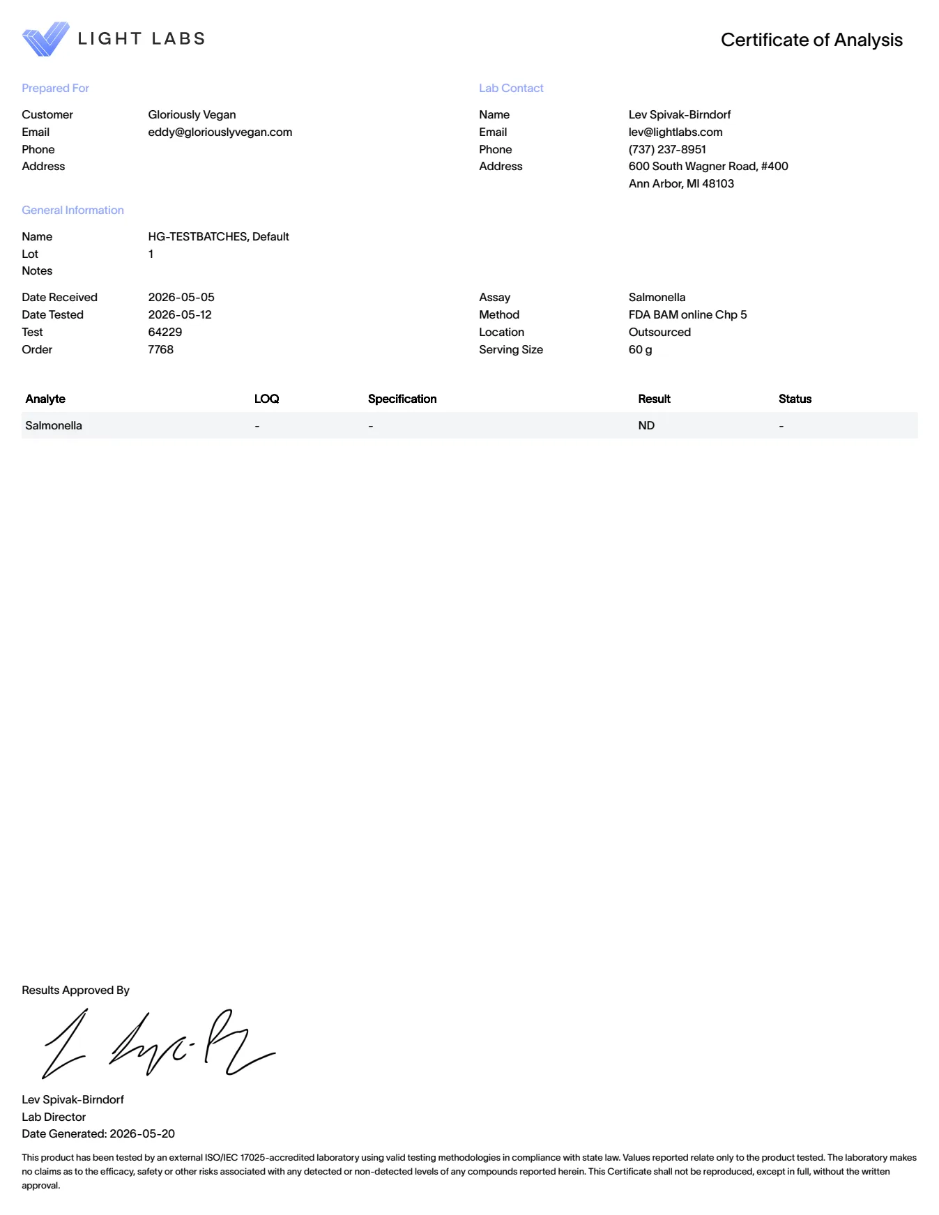 HeartGlow Microbials certificate of analysis