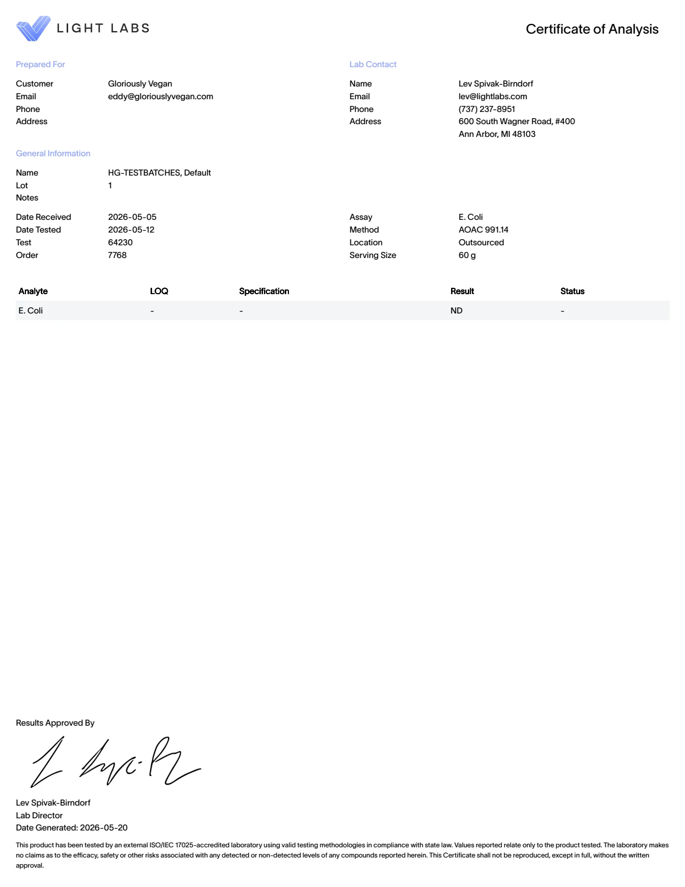 HeartGlow Microbials certificate of analysis