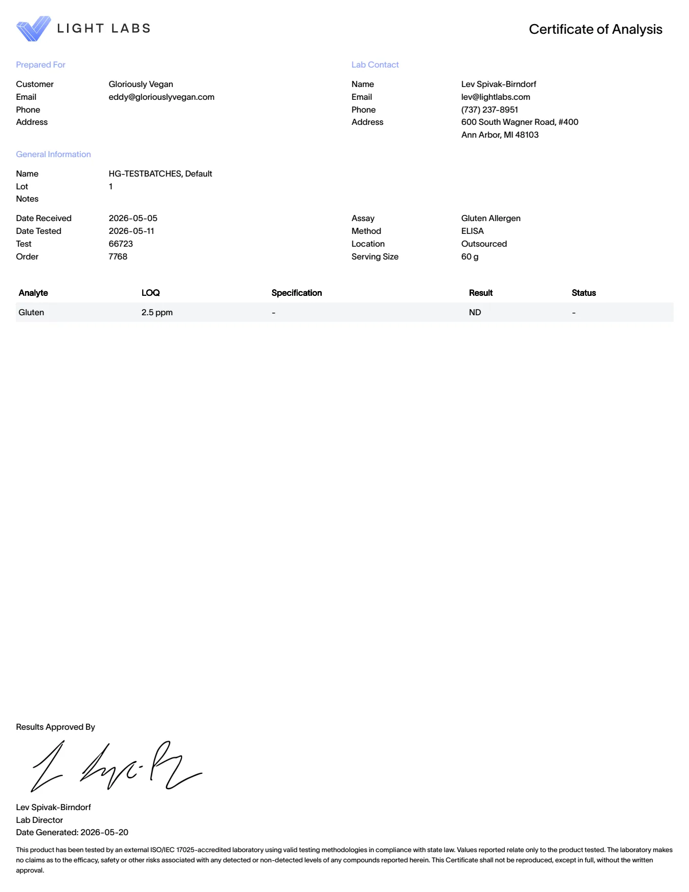 HeartGlow Allergens certificate of analysis
